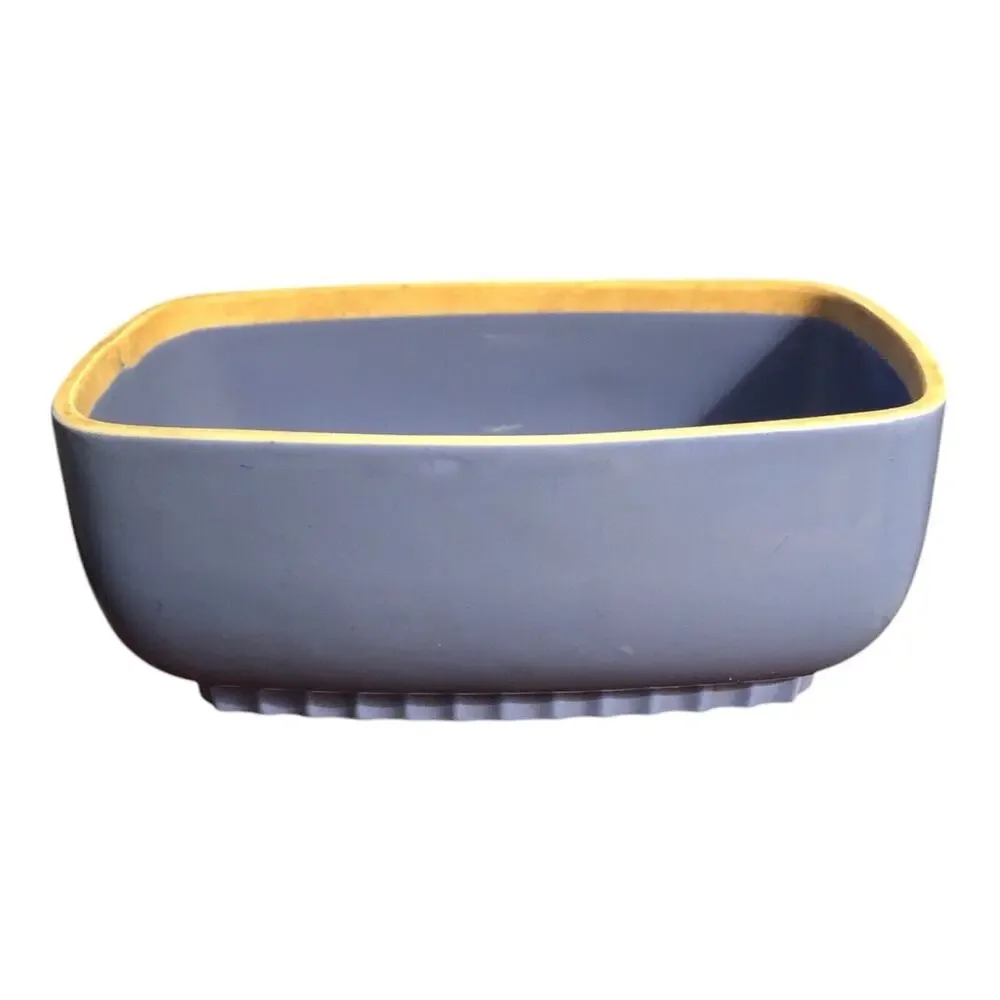 Vintage Hall Pottery Montgomery Ward Blue Gold Trim Rectangular Dish 8” USA